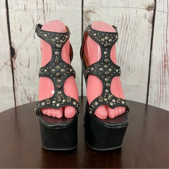 JEFFREY CAMPBELL CONTAIN Studded Black leather heelless platform sandals 7 EUC - Picture 17 of 17